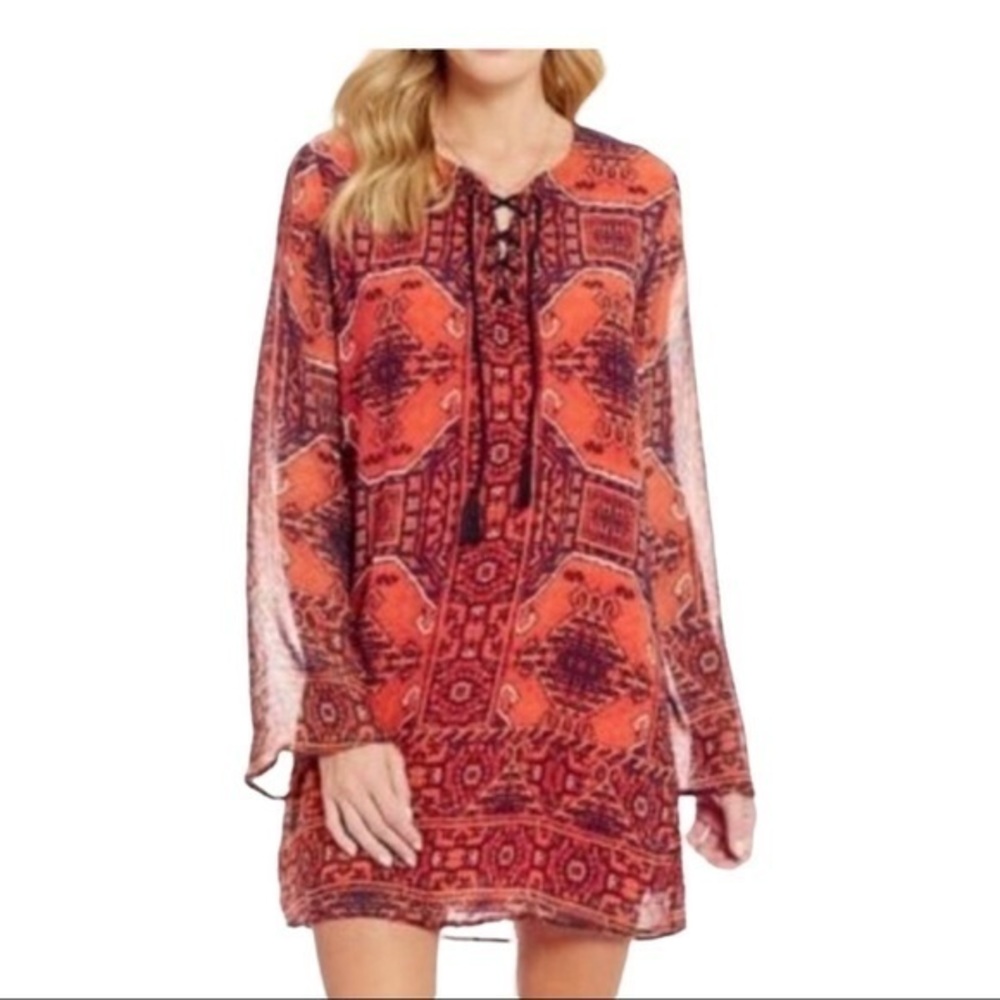 Miss Me Long Sleeve BOHO Geometric Dress Orange Black S